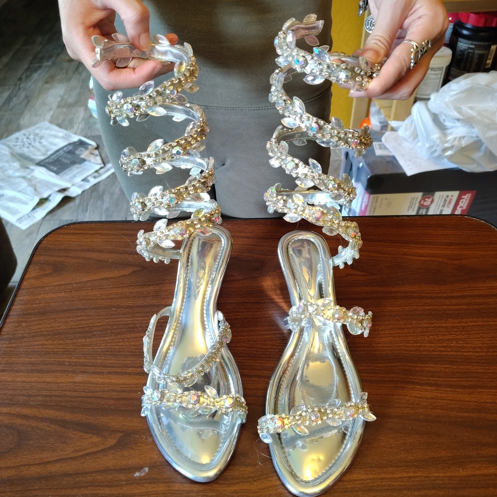 Silver Stiletto Heels with Crystal Embellishments
